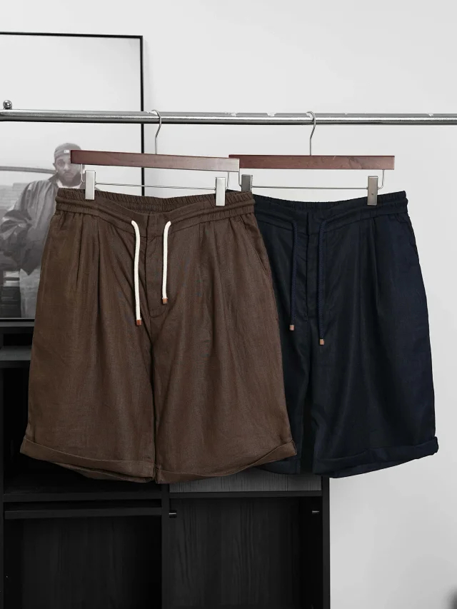 Item ID 9079 BC natural linen rolled edge shorts with double pleat design, drawstring, elastic waistband, and pleated casual shorts