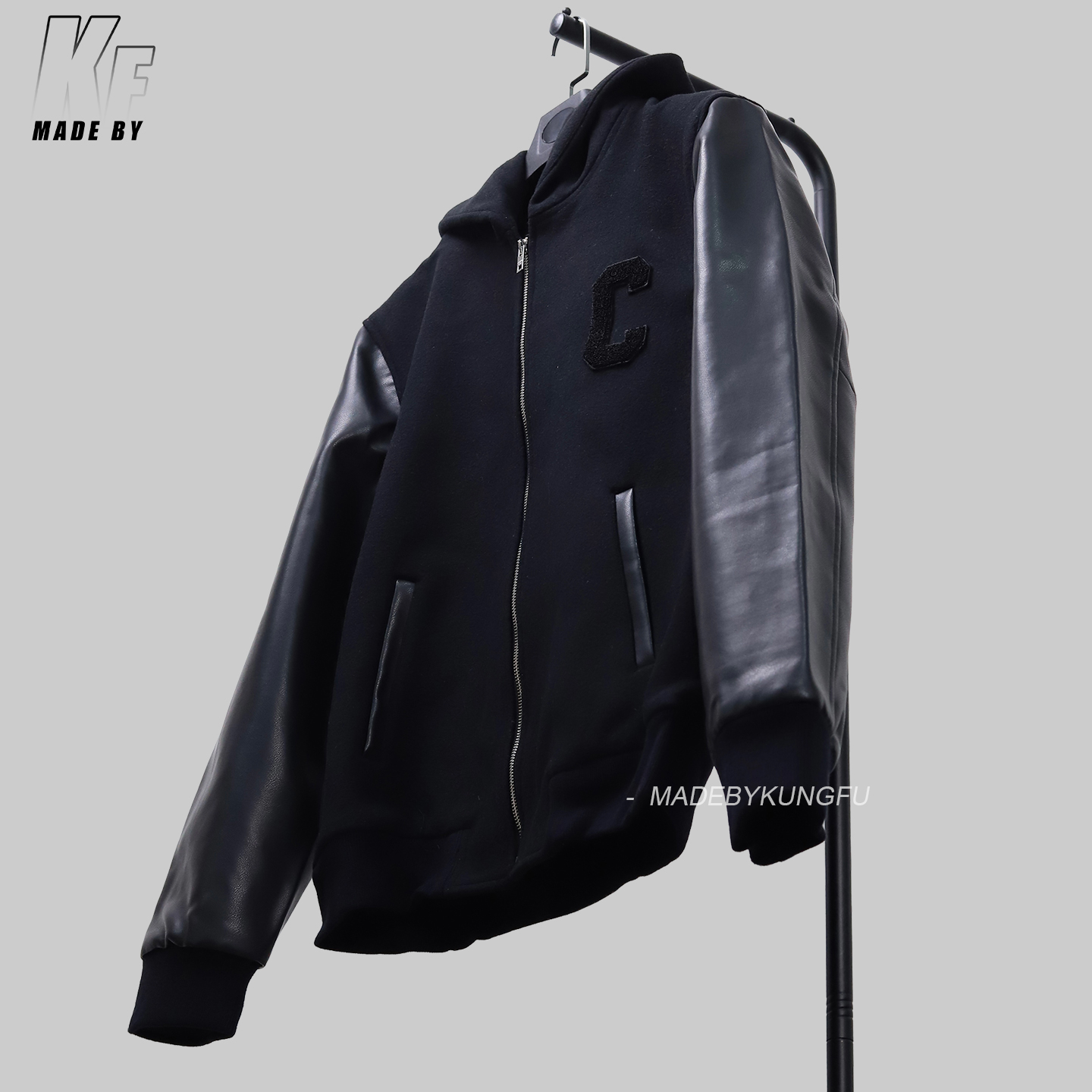 CE leather sleeve zipper wool coat