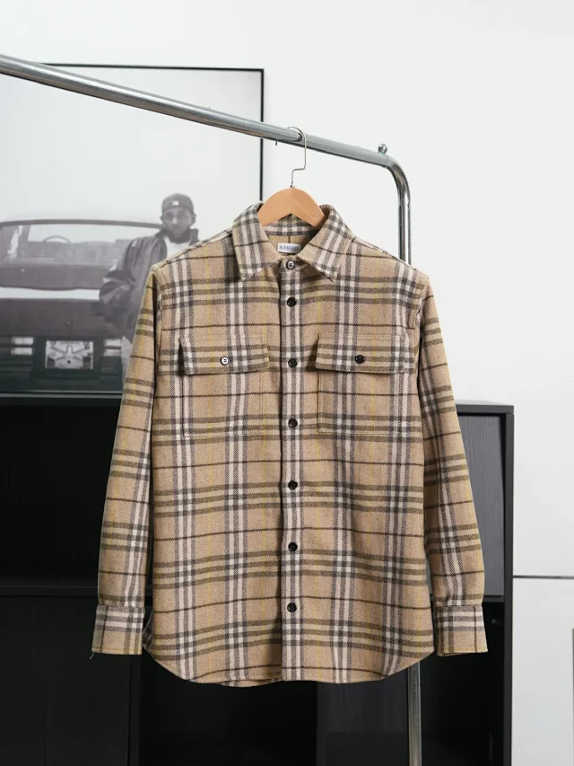 Item ID 9099 BBR Burberry checkered shirt, natural black ox horn, made of sheep wool, loose-fitting pointed-collar long-sleeved shirt jacket