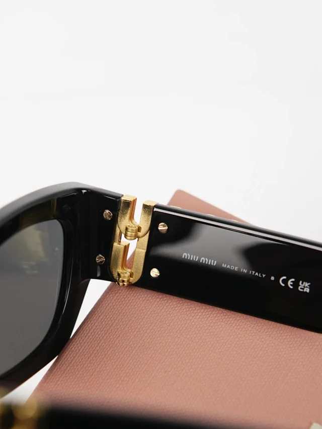 Item ID 9073 M1U Exclusive Hardware Accessory with letter carving, irregular shaped temple, black sunglasses, available in prescription