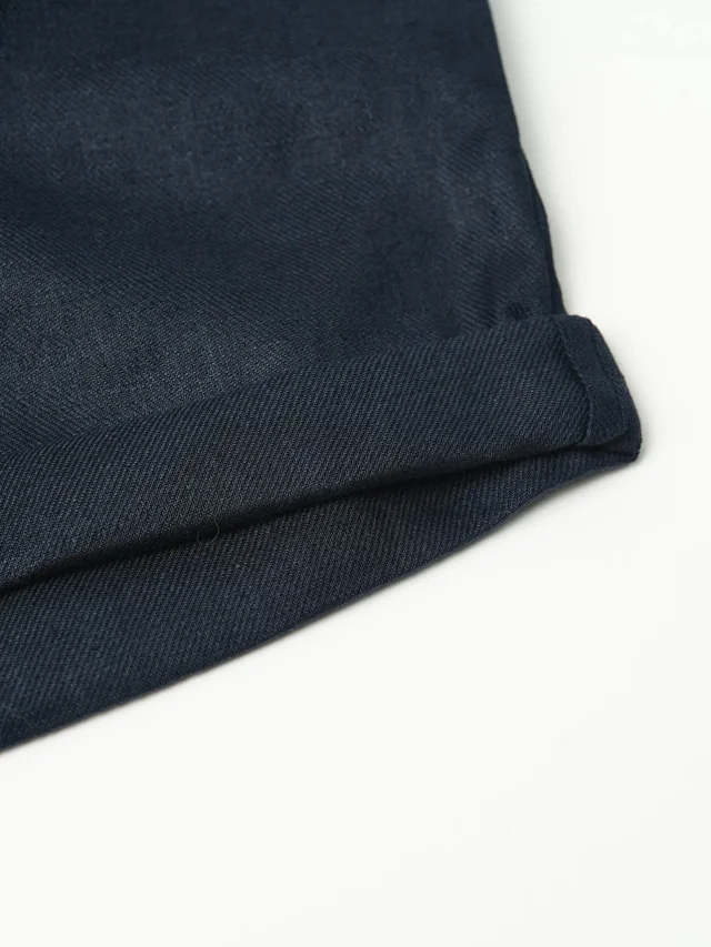 Item ID 9079 BC natural linen rolled edge shorts with double pleat design, drawstring, elastic waistband, and pleated casual shorts