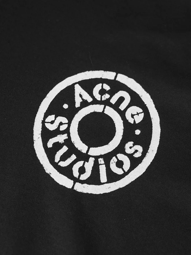 Item ID 9095 Acne SS26 60-thread-count double-ply combed cotton, mottled vintage screen print, classic round neck ribbed trim logo, long-sleeved T-shir