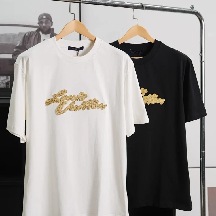 Item ID 9040 1V dual color faux Lafite grass embroidery solid color embroidery short sleeved T-shirt Black white