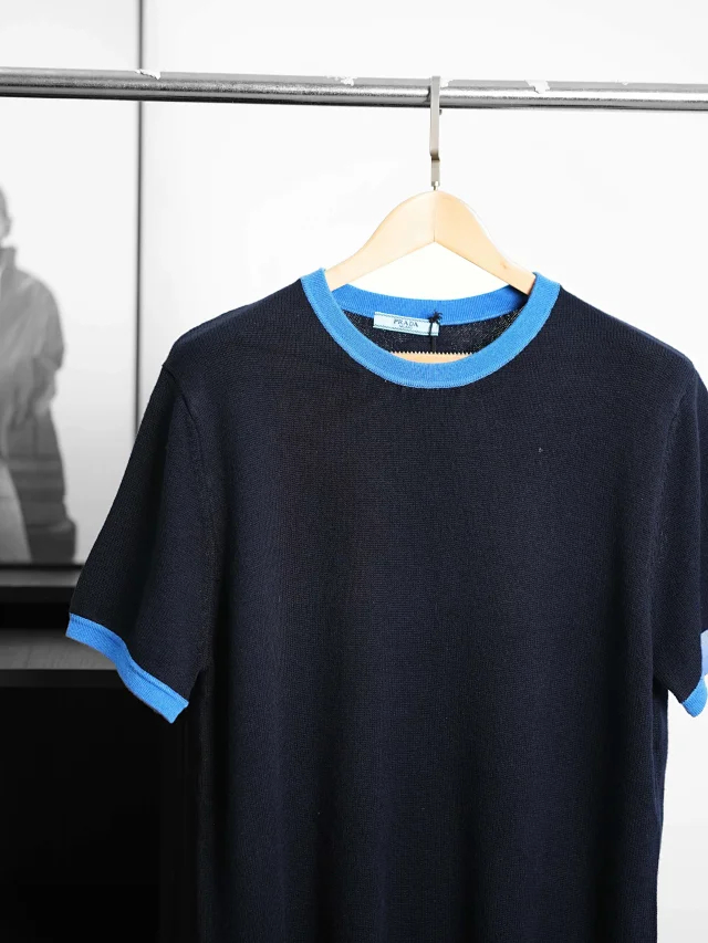 Item ID 9072 PRA round neck contrasting short sleeved cashmere sweater with slim fit and large card size Unisex