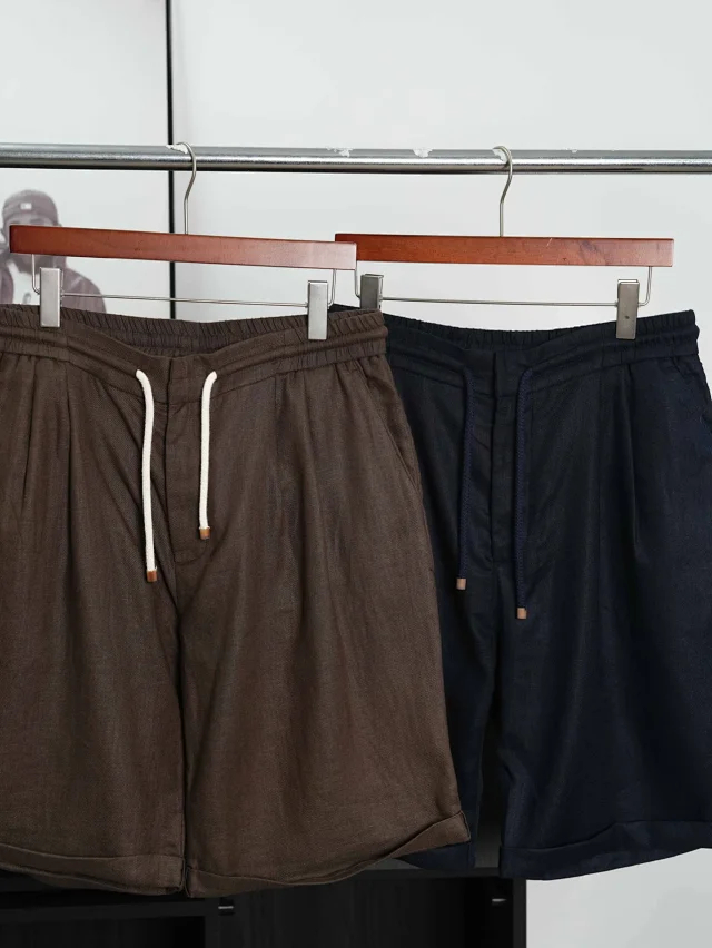Item ID 9079 BC natural linen rolled edge shorts with double pleat design, drawstring, elastic waistband, and pleated casual shorts