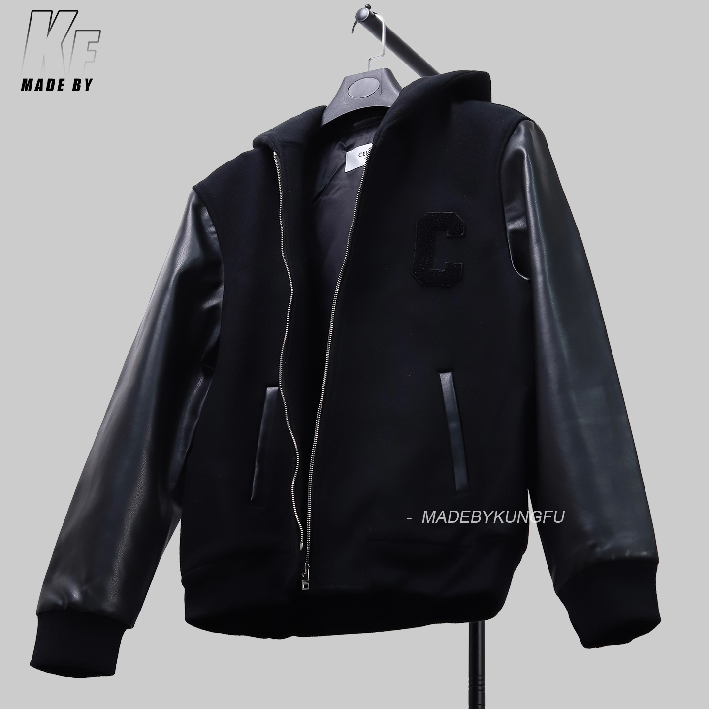 CE leather sleeve zipper wool coat