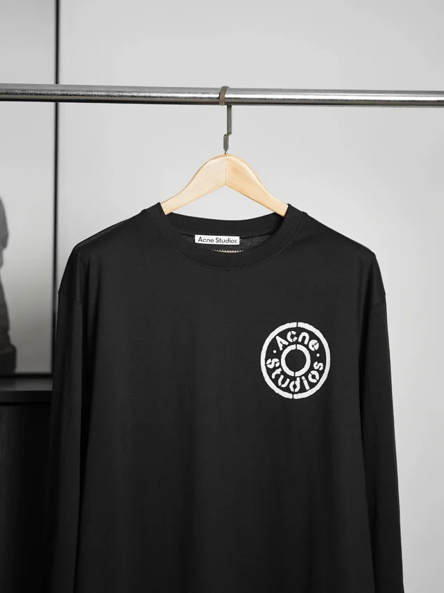 Item ID 9095 Acne SS26 60-thread-count double-ply combed cotton, mottled vintage screen print, classic round neck ribbed trim logo, long-sleeved T-shir