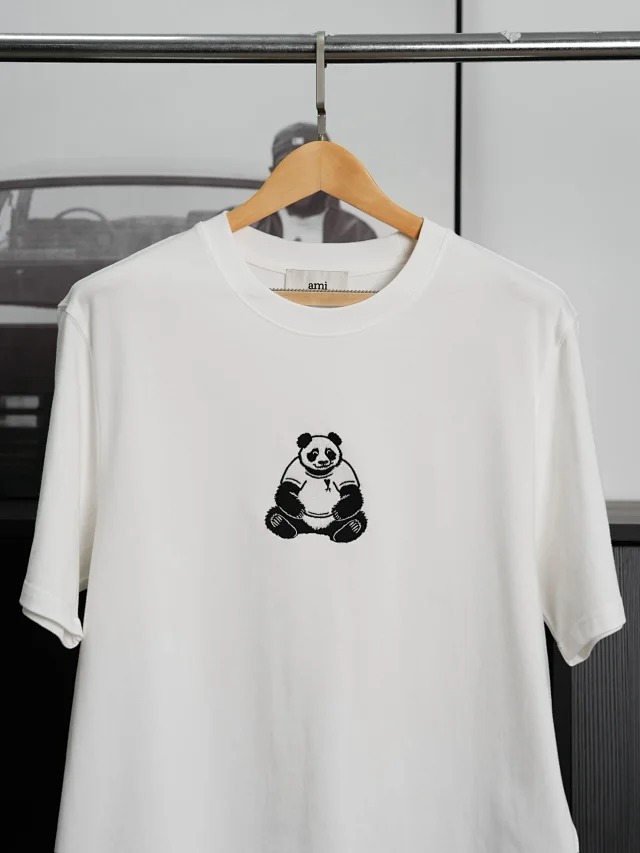 Item ID 9027 AMI Panda Embroidered Knitted Cotton Regular Round Neck Short Sleeve