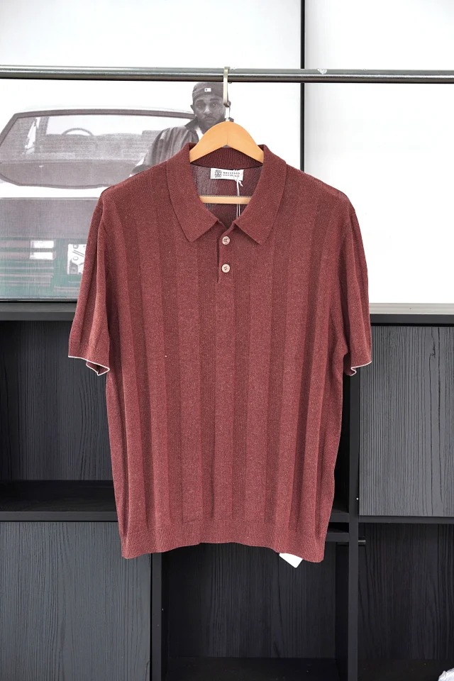 Item ID 9028 BC Two Color Brunello Cucinelli SS26 15% Linen Blended Wide Ribbed Cotton Hemp Knitted Polo Shirt Standard Edition Men's Edition