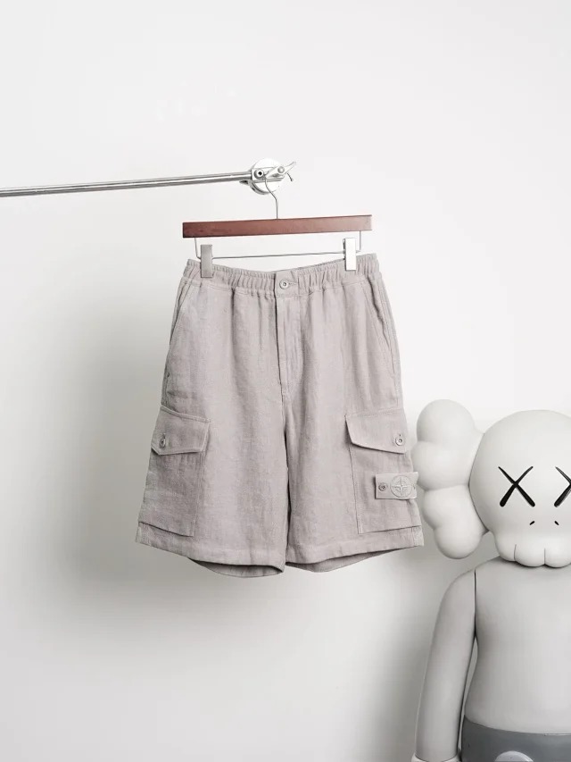 Item ID 9037 SI Stone 100% linen main fabric all accessories customized mid waist straight leg five point casual shorts