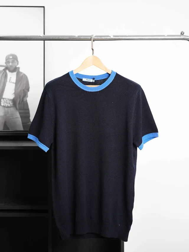 Item ID 9072 PRA round neck contrasting short sleeved cashmere sweater with slim fit and large card size Unisex