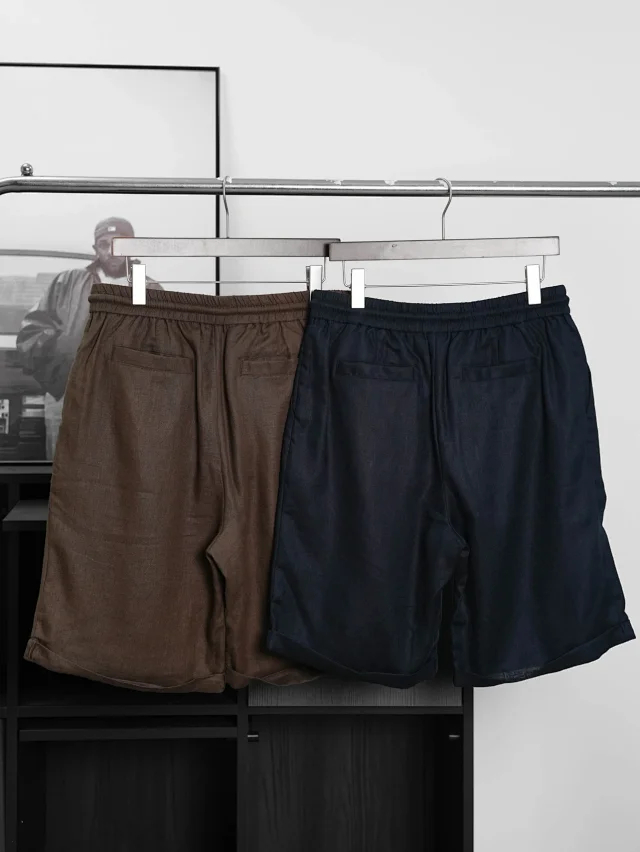 Item ID 9079 BC natural linen rolled edge shorts with double pleat design, drawstring, elastic waistband, and pleated casual shorts