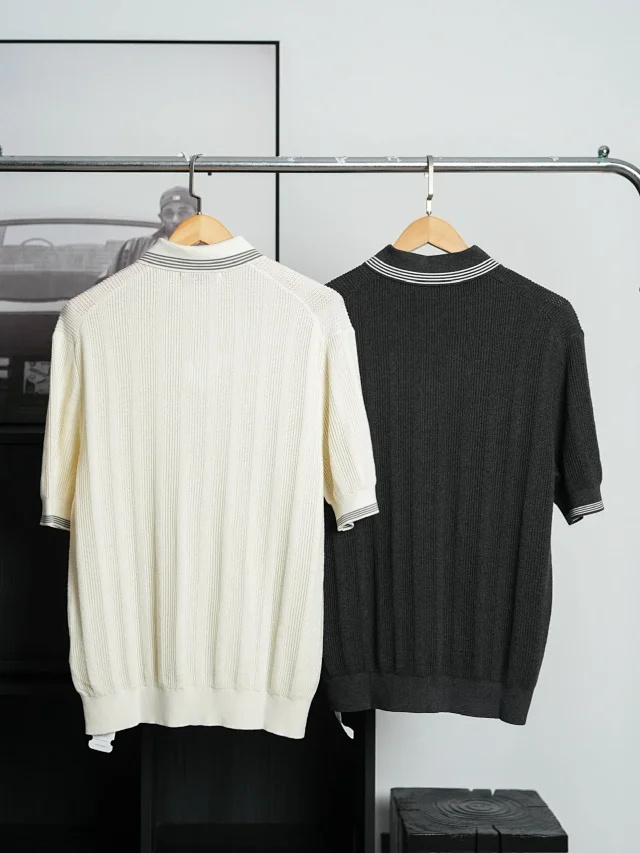 Item ID 9083 BC 32 Double Strand Yarn Solid Color Cotton Texture Ribbed Knitted Short Sleeve Polo Shirt