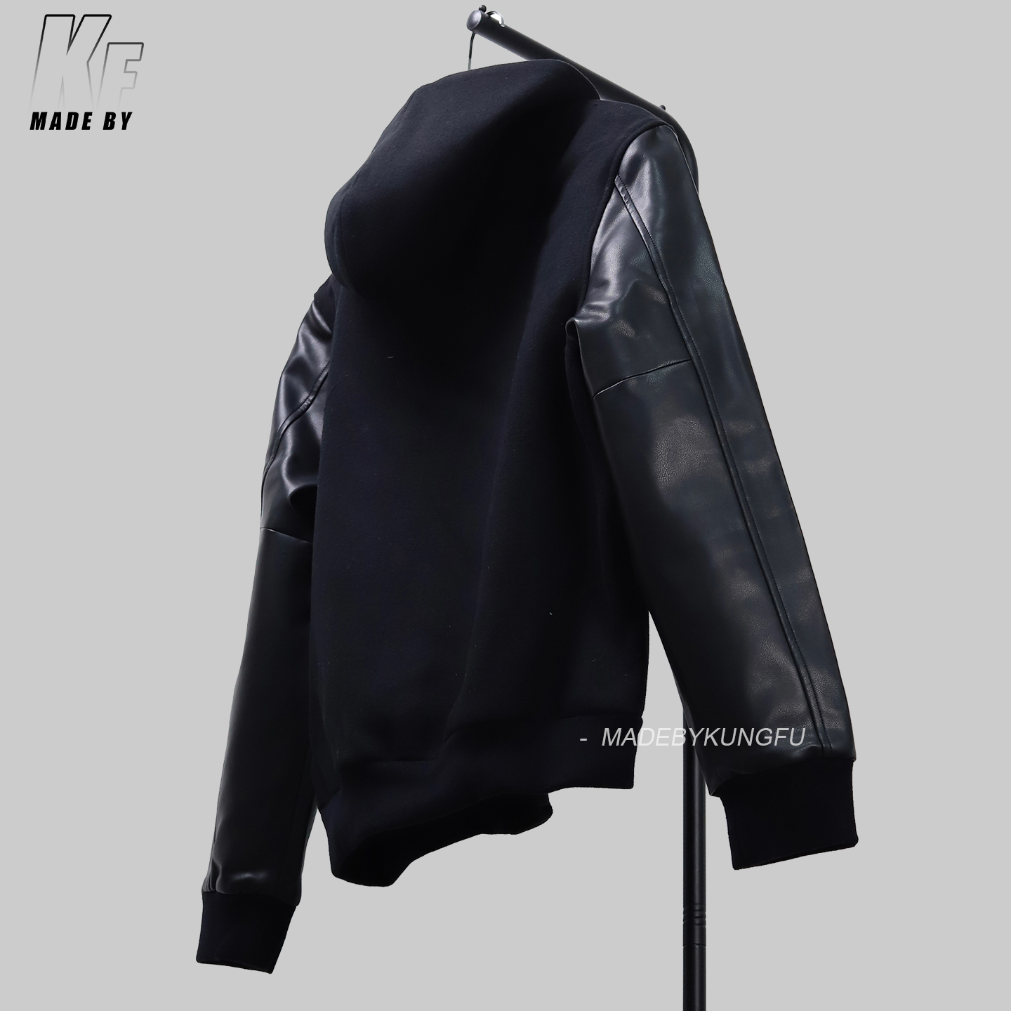 CE leather sleeve zipper wool coat