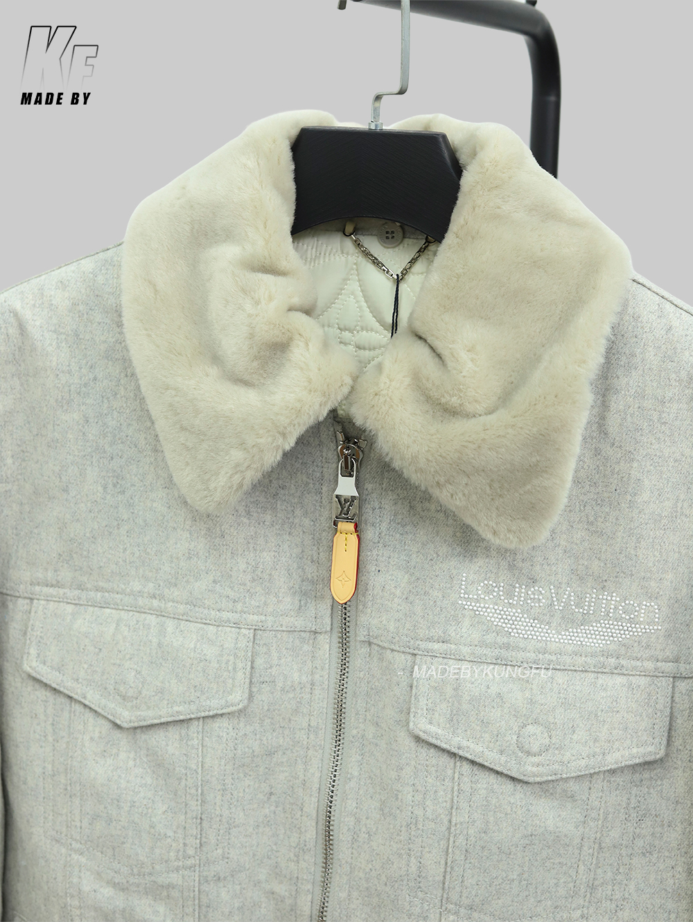 LV绒毛领子拉链外套 米白