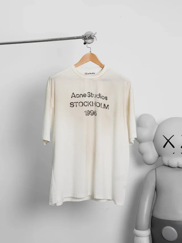 Item ID 9042 Acne 1996 series handmade spray painted distressed exclusive 85% cotton+15% linen short sleeved T-shirt dirty white black