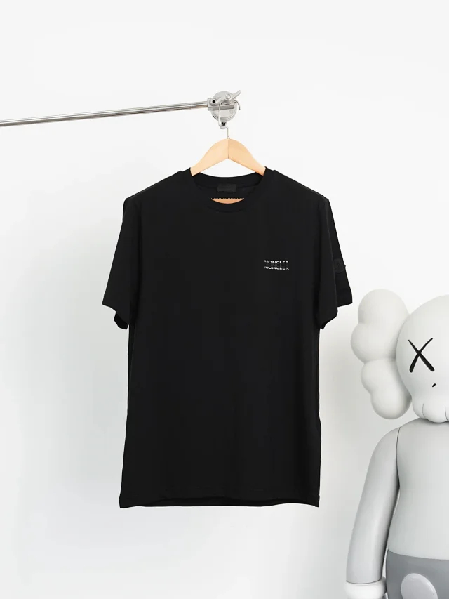 Item ID 9048 Mon Customized Logo Imported Hot Stamping Material Cotton Jensen Logo Knitted Round Neck Short Sleeve