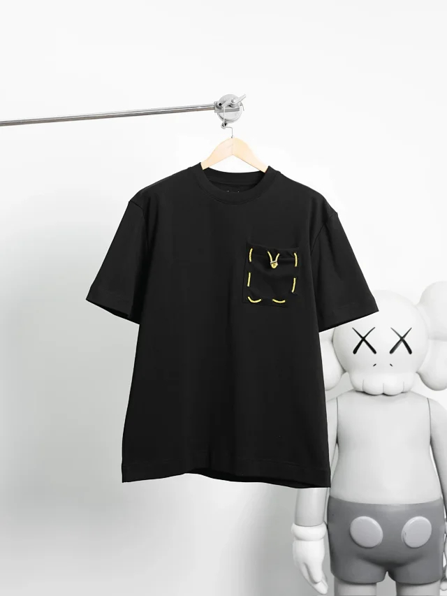 Item ID 9058 FE thick and heavy feeling woven and dyed drawstring round neck pullover, satin ribbon drawstring, patch bag, short sleeved shirt