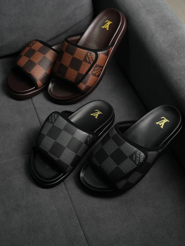 Item ID 9062 1V MD Polyurethane Foam Soft Bottom Pattern Jacquard Fabric Velcro Slippers Black Brown