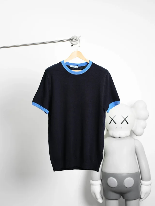 Item ID 9072 PRA round neck contrasting short sleeved cashmere sweater with slim fit and large card size Unisex