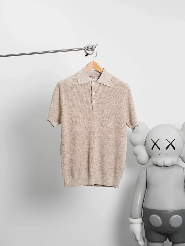 Item ID 9076 BC Natural Beimu Button Ribbed Knitted Collar Cotton Top Polo Shirt
