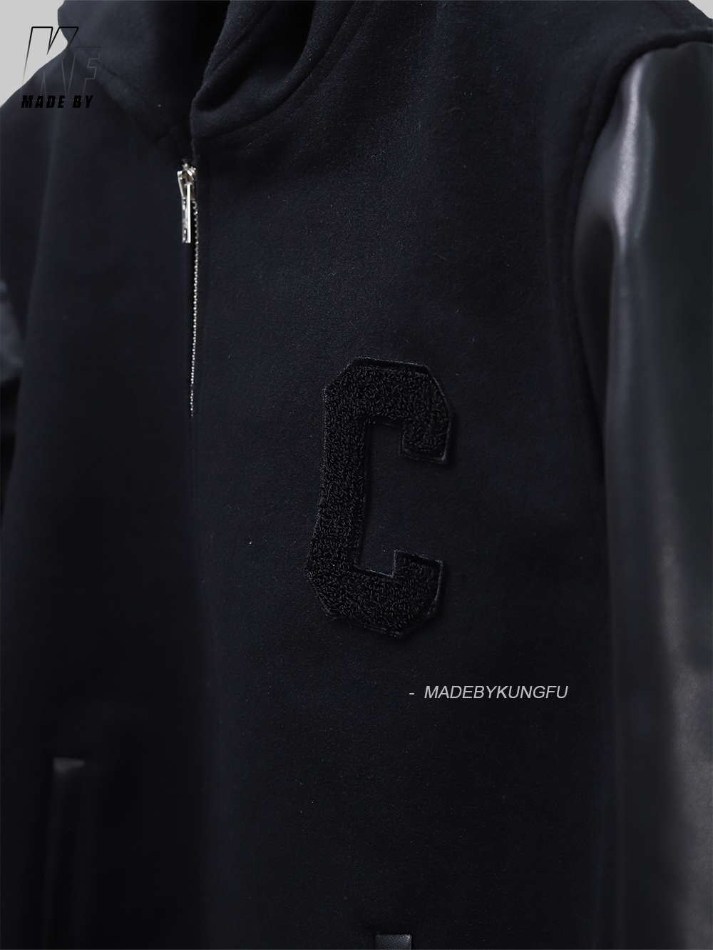 CE leather sleeve zipper wool coat