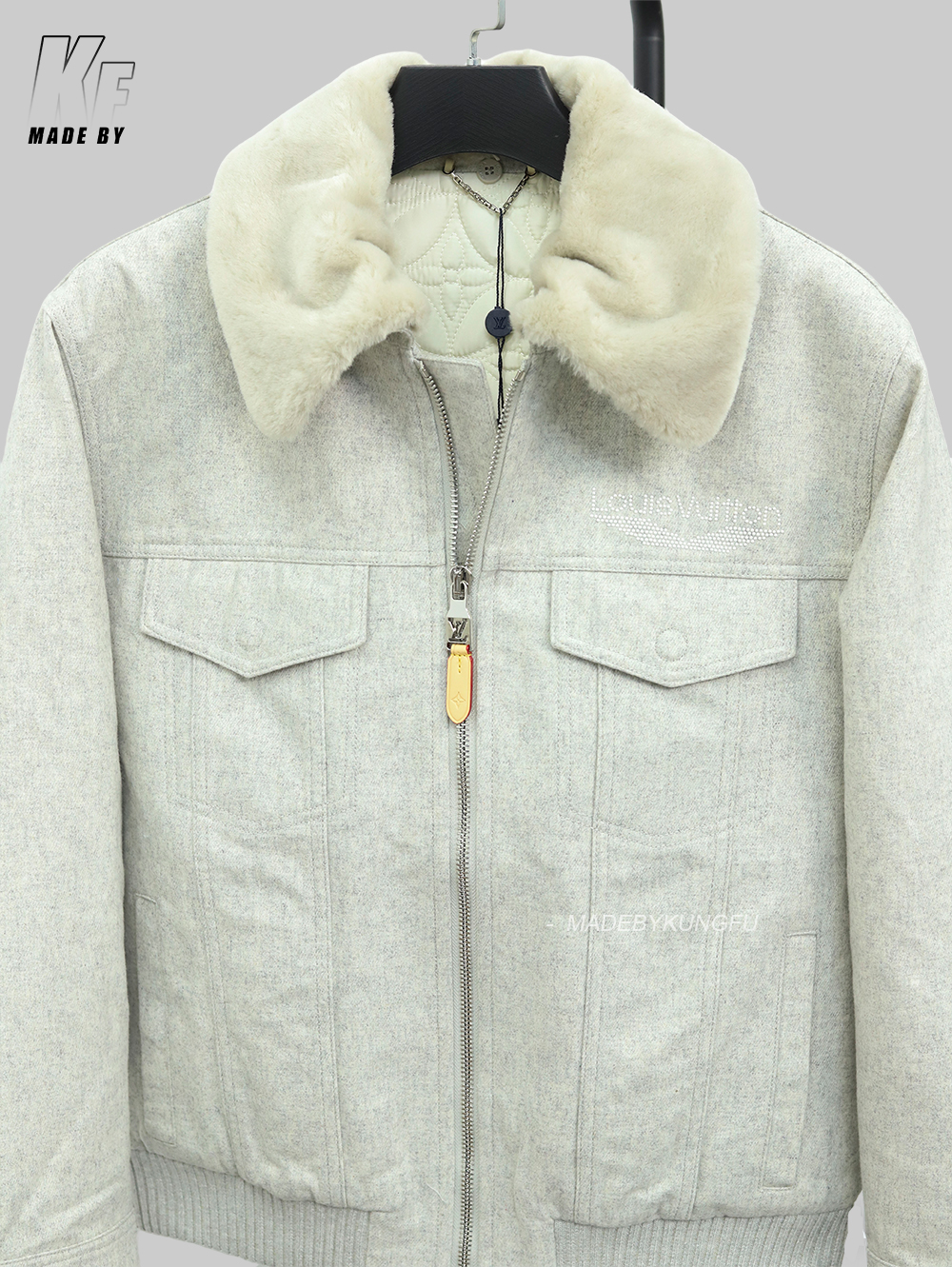 LV绒毛领子拉链外套 米白