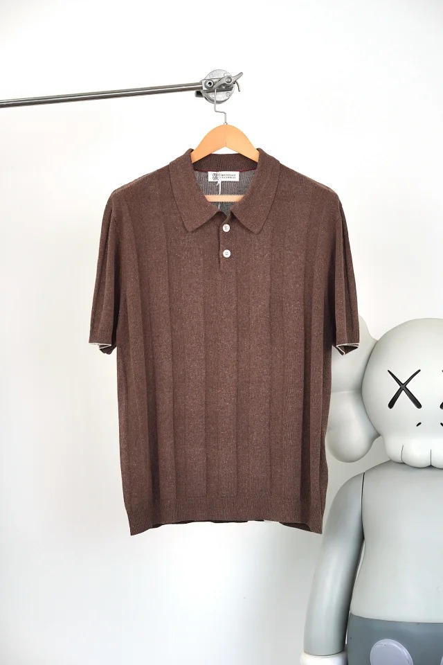 Item ID 9028 BC Two Color Brunello Cucinelli SS26 15% Linen Blended Wide Ribbed Cotton Hemp Knitted Polo Shirt Standard Edition Men's Edition