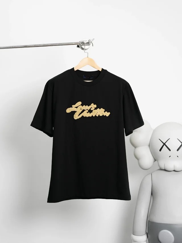 Item ID 9040 1V dual color faux Lafite grass embroidery solid color embroidery short sleeved T-shirt Black white
