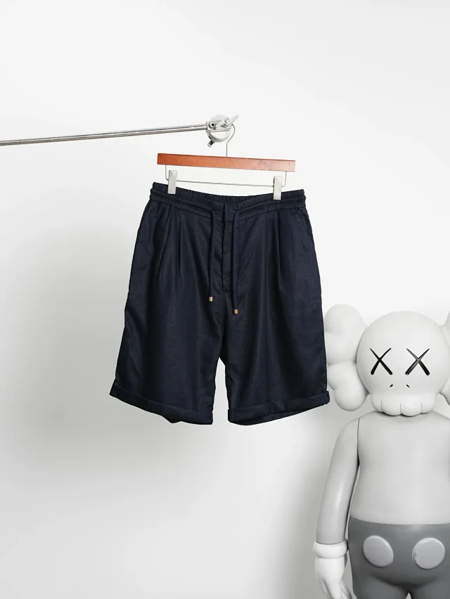 Item ID 9079 BC natural linen rolled edge shorts with double pleat design, drawstring, elastic waistband, and pleated casual shorts