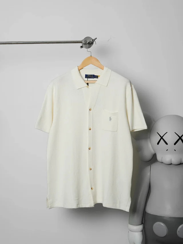 Item ID 9089 LR Poluoge Flat Machine Weaving Method Cotton Solid Color Pony Embroidery Short Sleeve Cardigan Knitted Standard Edition