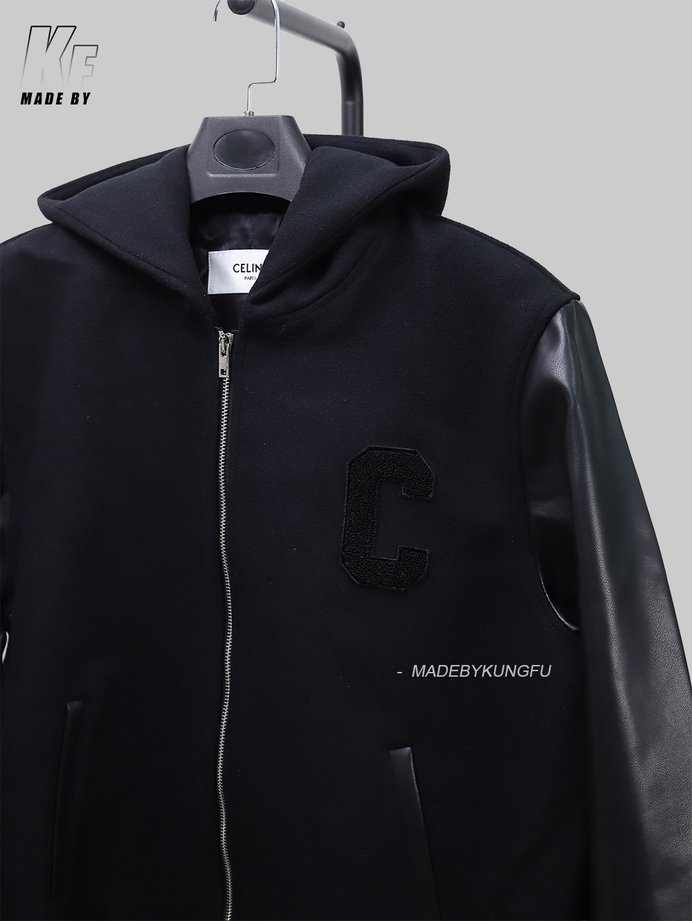 CE leather sleeve zipper wool coat