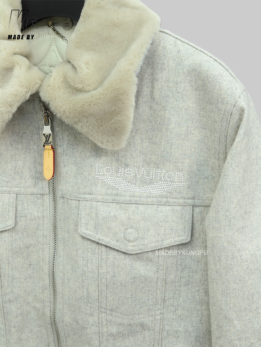 LV绒毛领子拉链外套 米白