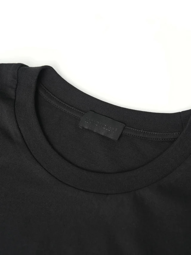 Item ID 9048 Mon Customized Logo Imported Hot Stamping Material Cotton Jensen Logo Knitted Round Neck Short Sleeve