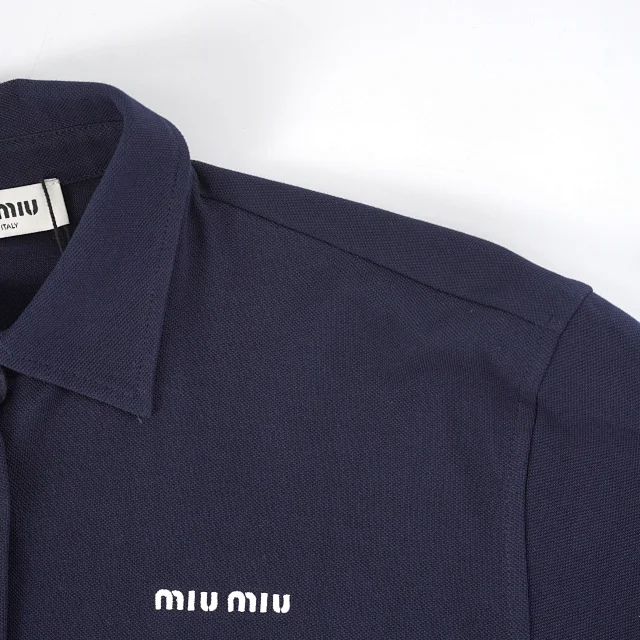 Item ID 9059 Miu cotton beaded embroidered logo button closure straight tube short sleeved shirt