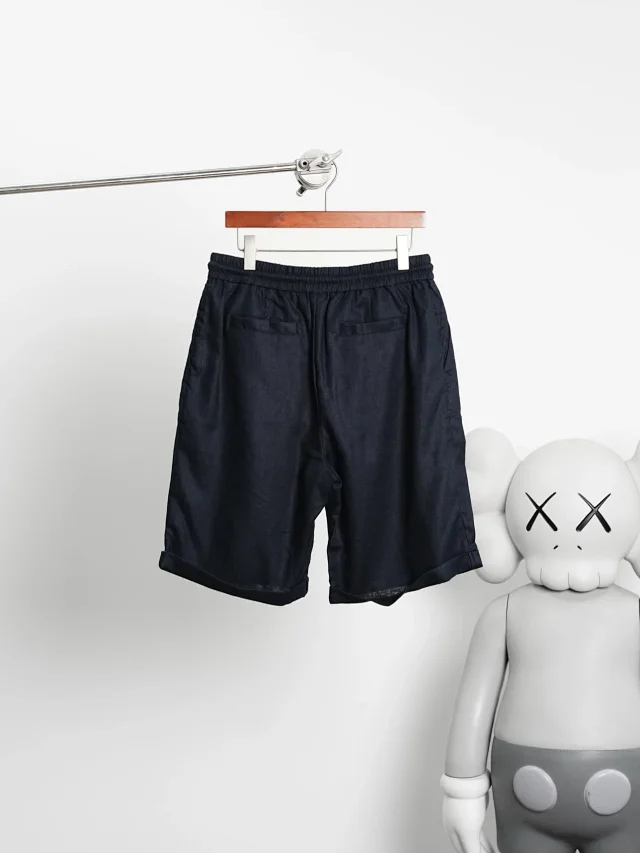 Item ID 9079 BC natural linen rolled edge shorts with double pleat design, drawstring, elastic waistband, and pleated casual shorts