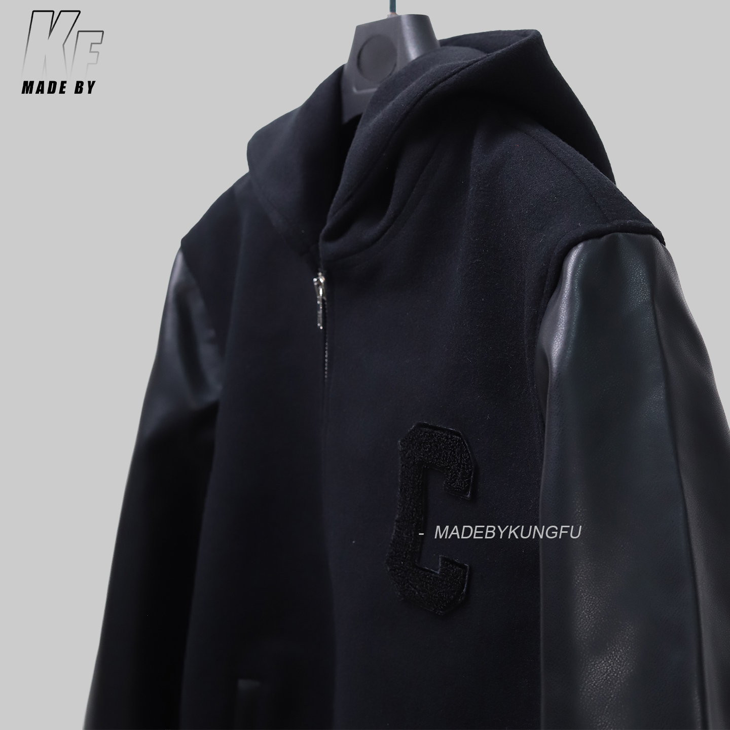 CE leather sleeve zipper wool coat