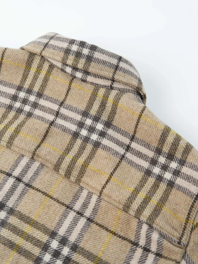 Item ID 9099 BBR Burberry checkered shirt, natural black ox horn, made of sheep wool, loose-fitting pointed-collar long-sleeved shirt jacket