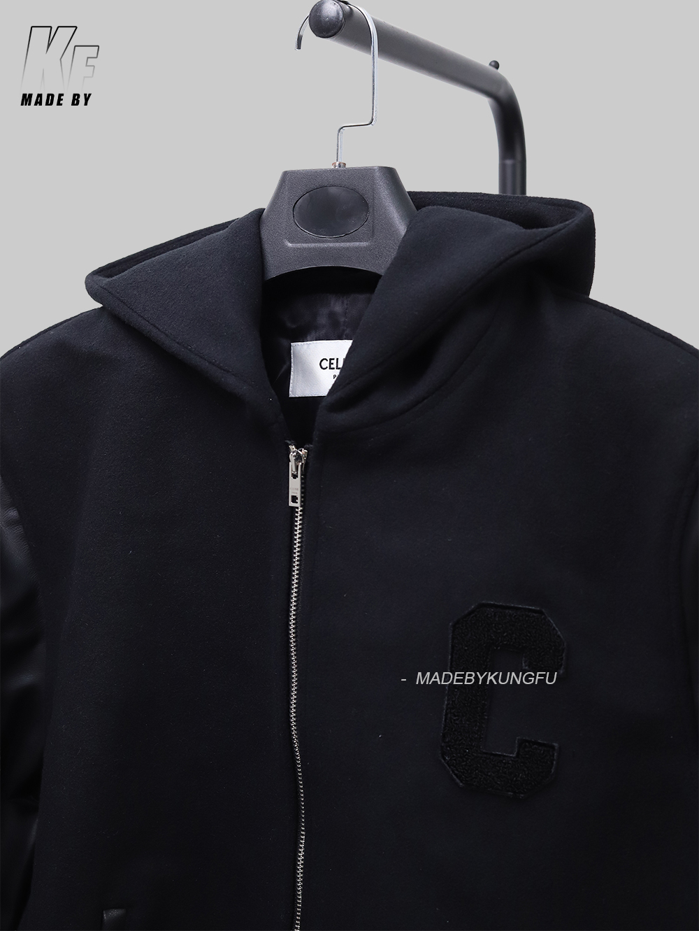 CE leather sleeve zipper wool coat