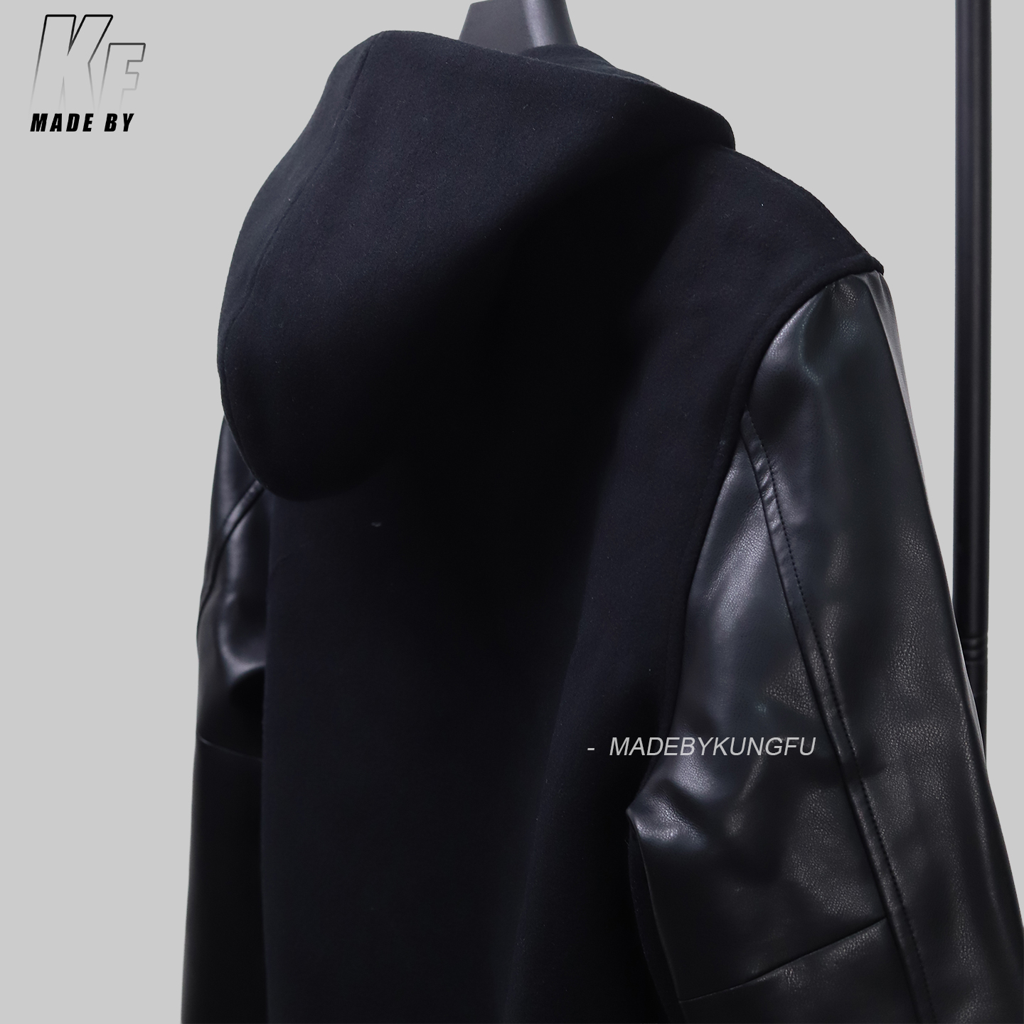 CE leather sleeve zipper wool coat
