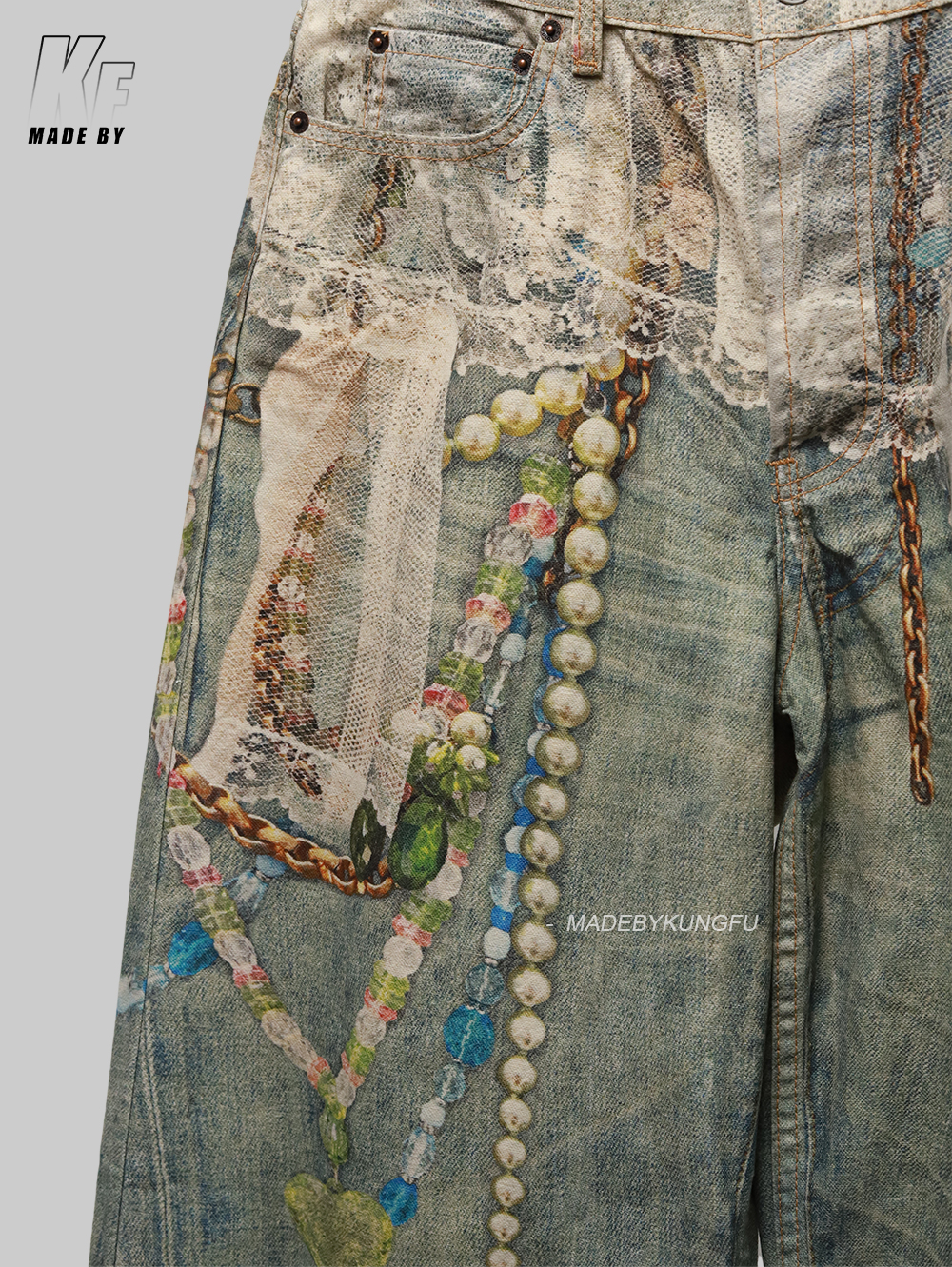 ACNE 3D printed pearl chain jeans