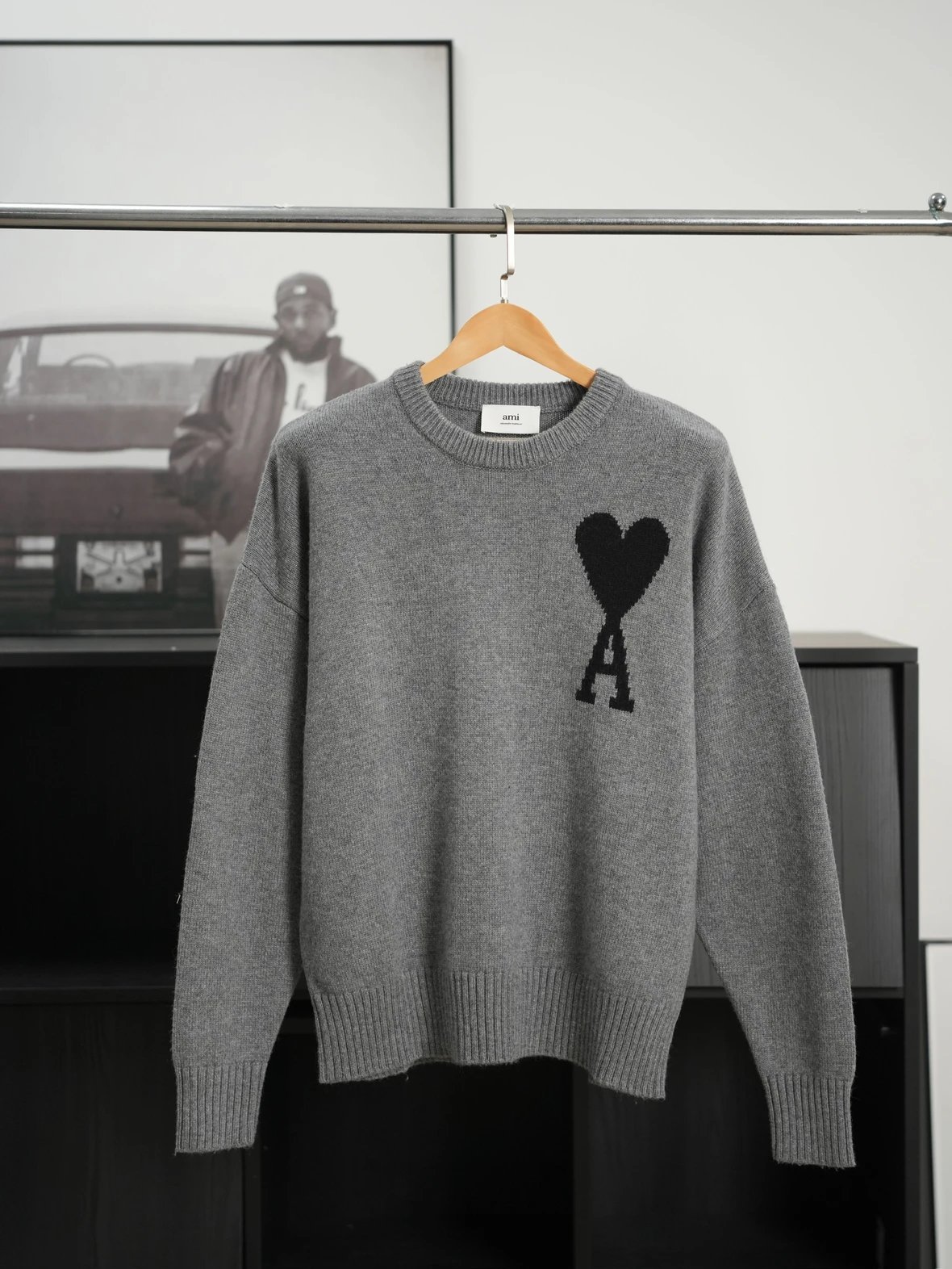 Item ID 8248 AMI Big love black label Logo Wool blend crew neck pullover sweater fo