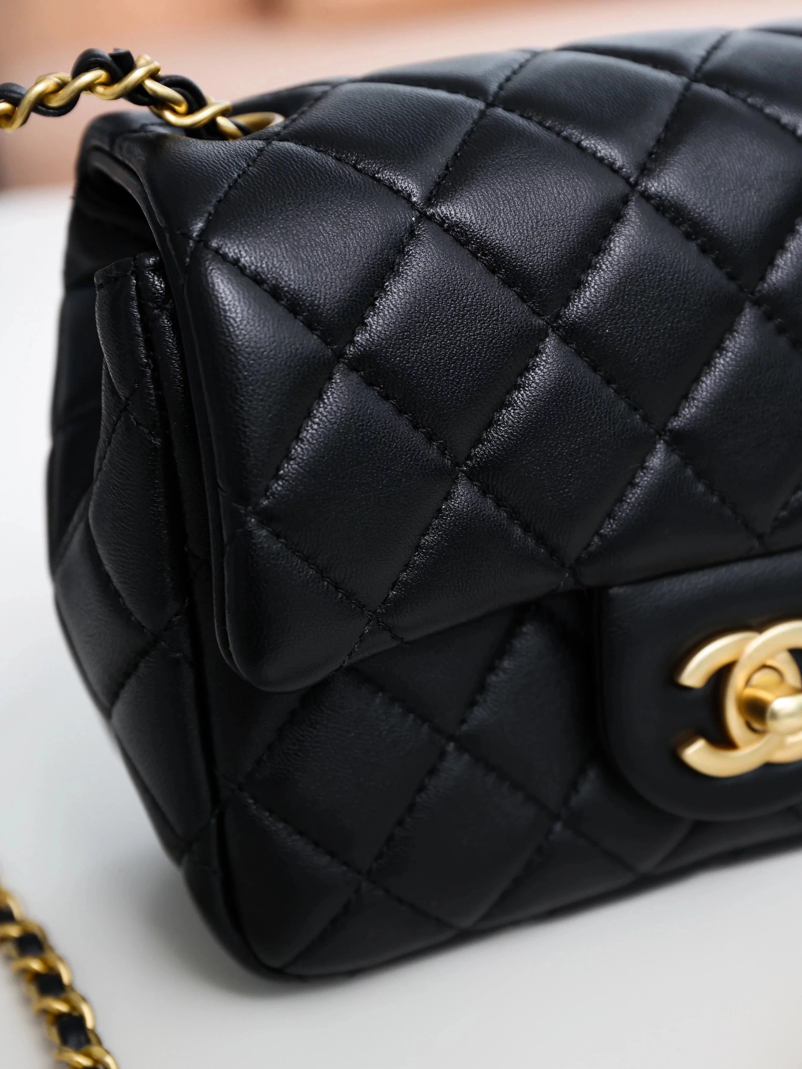 Item ID 8460 CHANEL - Classic Chain Bag - Mini Golden Bead Square Fat Flip Bag - Sm