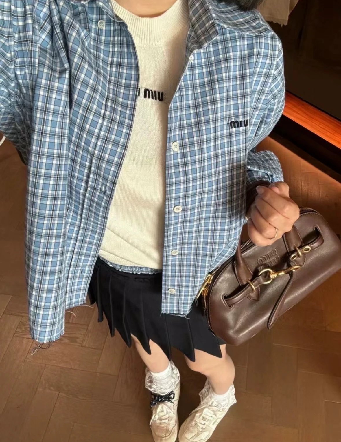 Item ID 8221 Miu Miu -SS25- Plaid Logo embroidered shirt -“40 Tencel blend ” long s