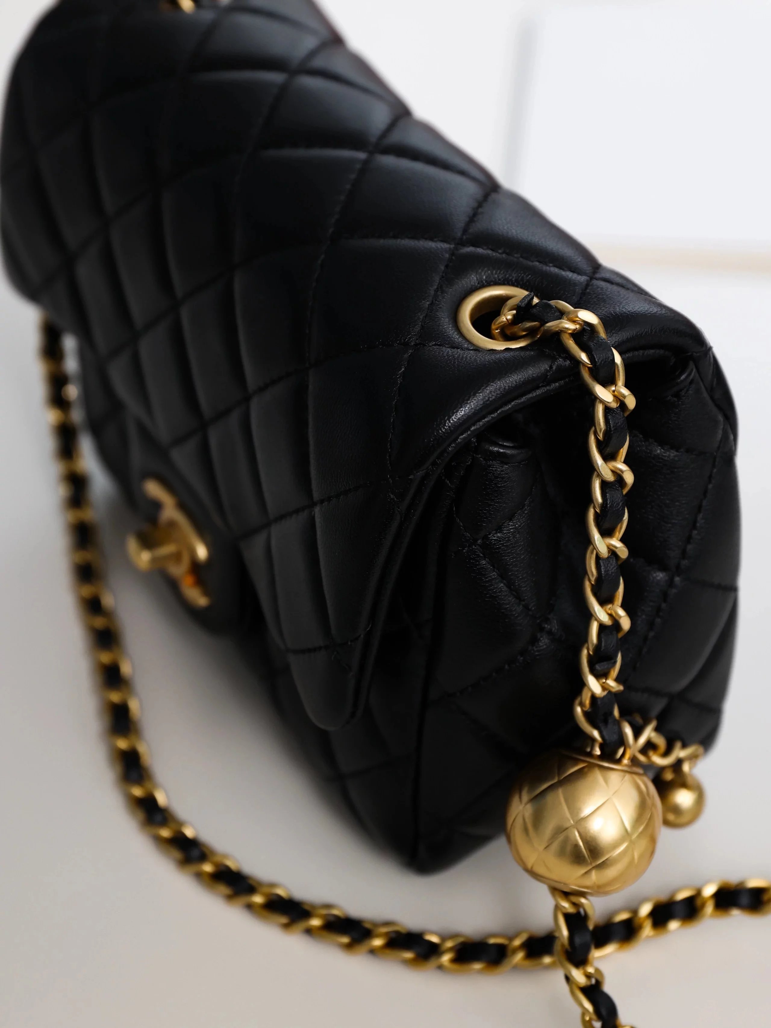 Item ID 8460 CHANEL - Classic Chain Bag - Mini Golden Bead Square Fat Flip Bag - Sm