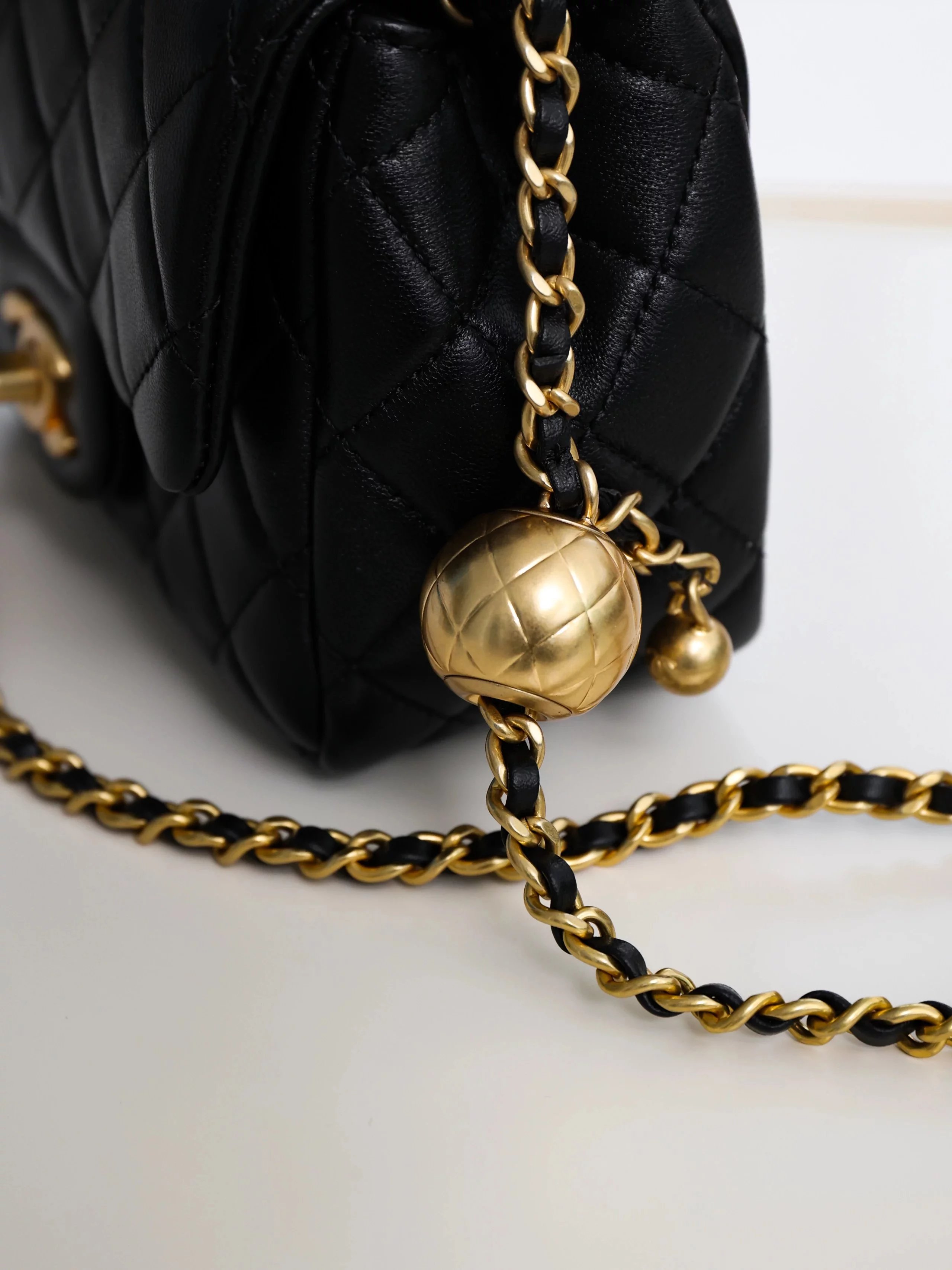 Item ID 8460 CHANEL - Classic Chain Bag - Mini Golden Bead Square Fat Flip Bag - Sm