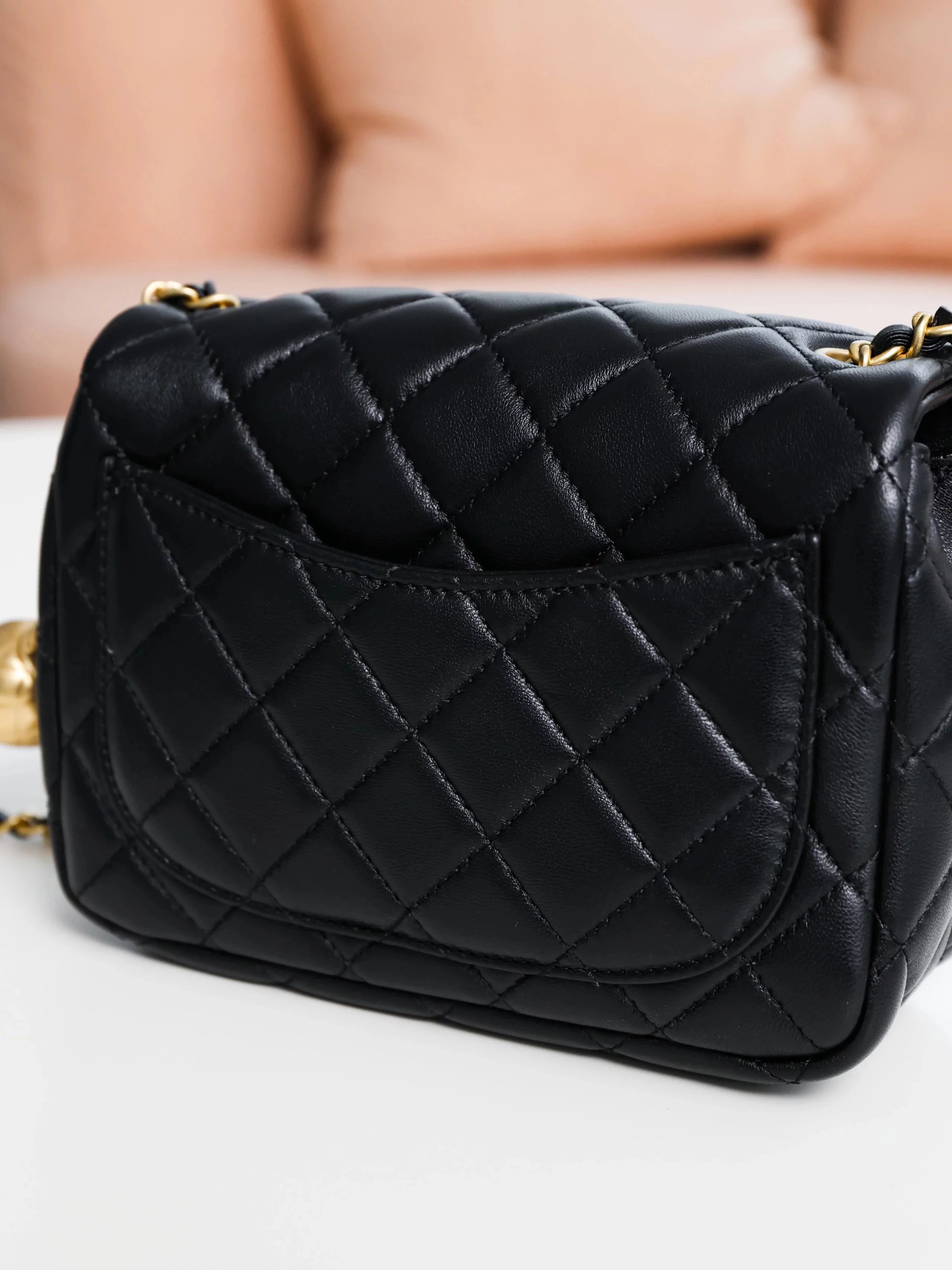 Item ID 8460 CHANEL - Classic Chain Bag - Mini Golden Bead Square Fat Flip Bag - Sm