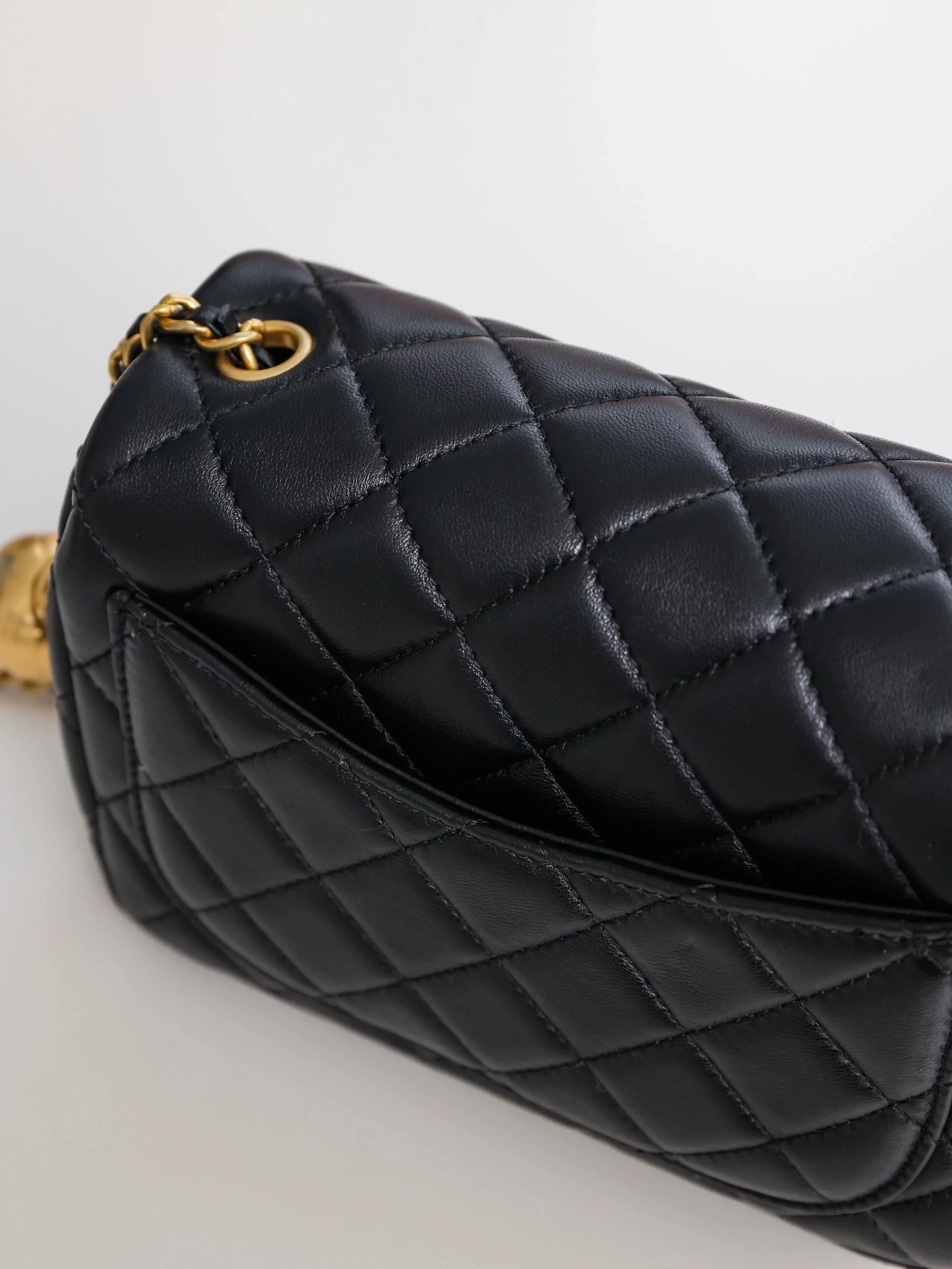 Item ID 8460 CHANEL - Classic Chain Bag - Mini Golden Bead Square Fat Flip Bag - Sm