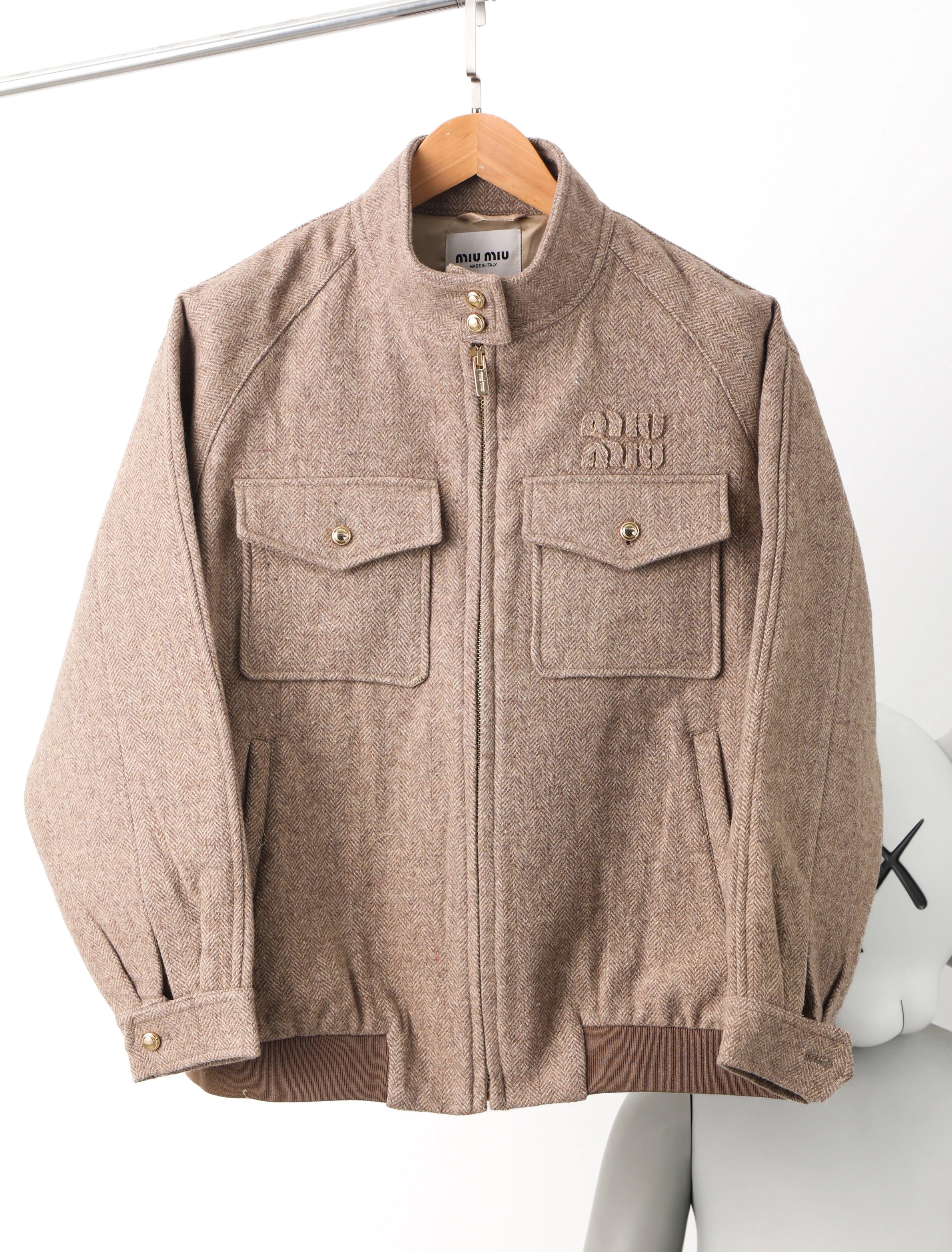  Item ID 8035 M1u-Miu-2024-ss-herringbone wool Harrington jacket - stand collar work