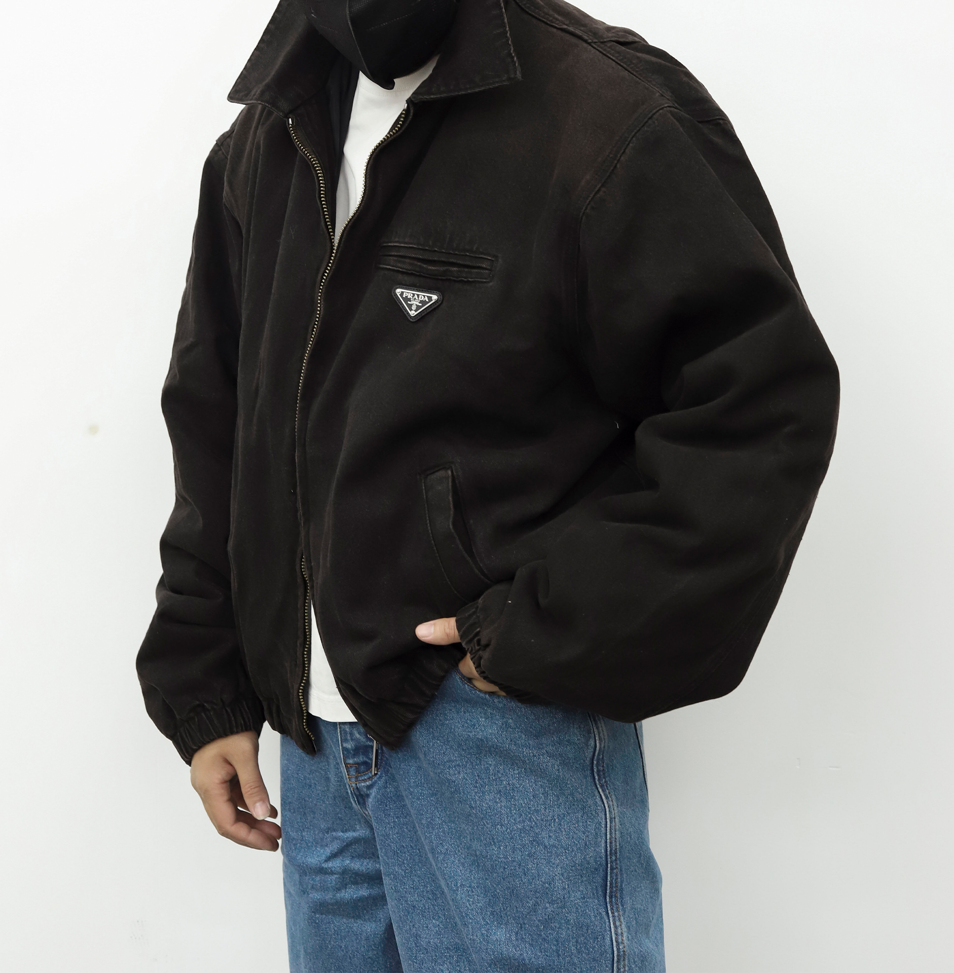 PRADA做旧飞行员拉链棉服 棕色